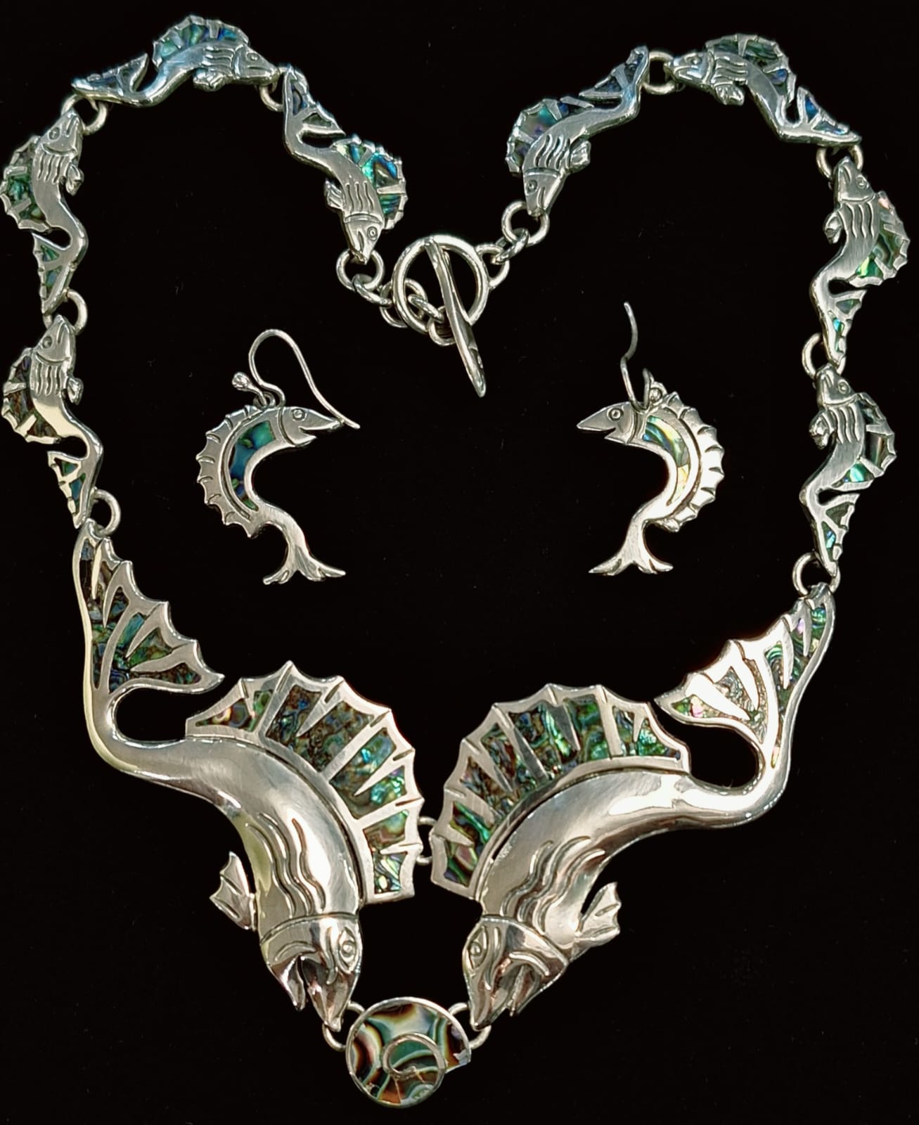 SET DE COLLAR CON INCRUSTACIONES DE ABULÓN EN PLATA LEY 925