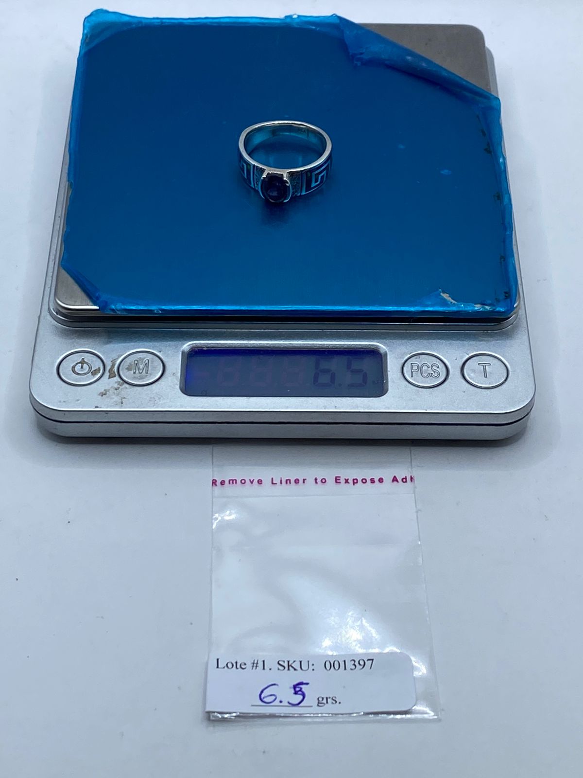 ANILLO GRECA DE PLATA .950 CON ÓPALO DE FUEGO Y ZIRCONIA AZUL