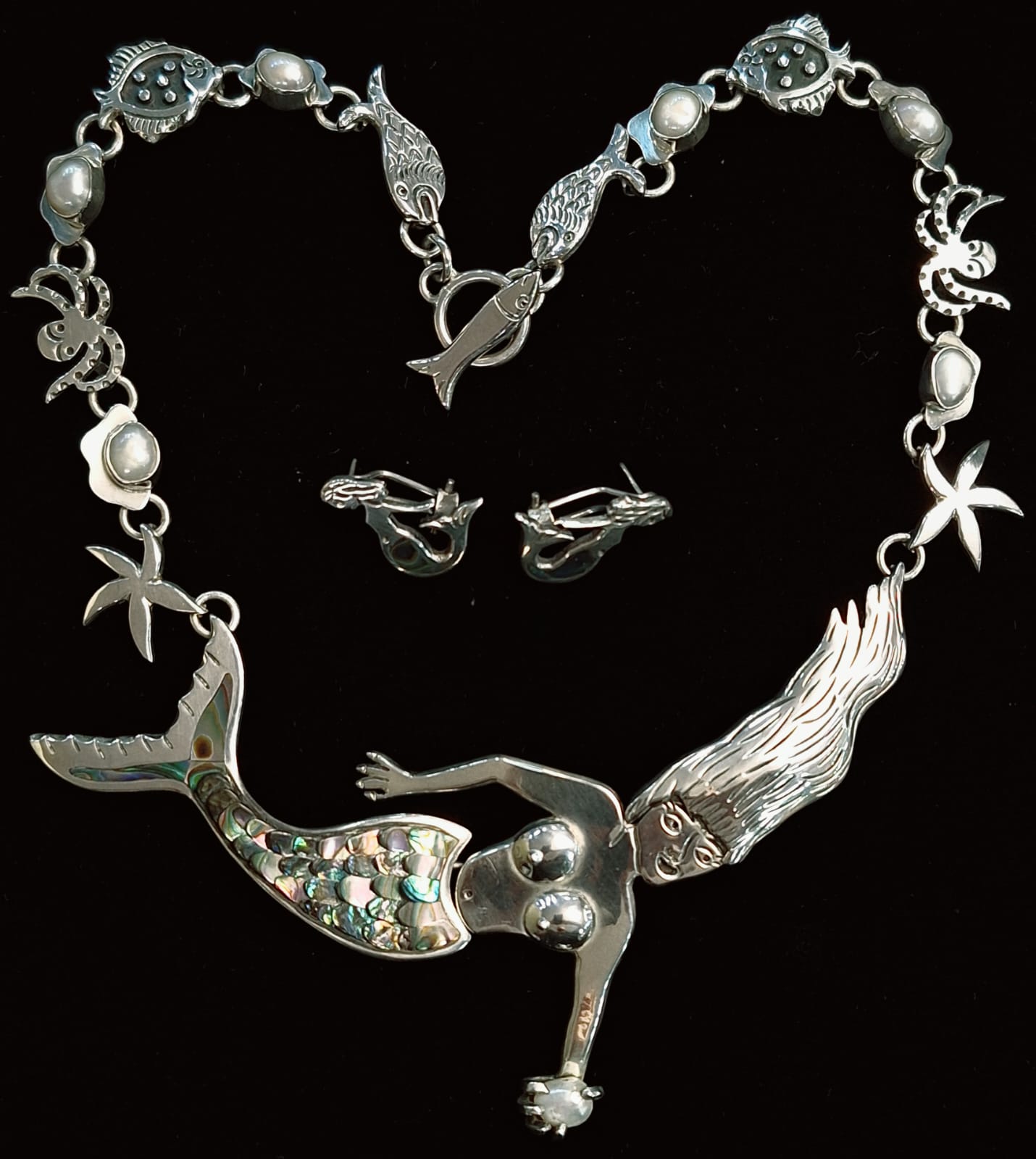 SET DE COLLAR  CON INCRUSTACIONES DE ABULON EN PLATA LEY 925