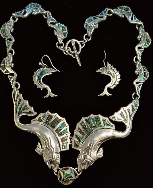 SET DE COLLAR CON INCRUSTACIONES DE  ABULÓN EN PLATA LEY 925
