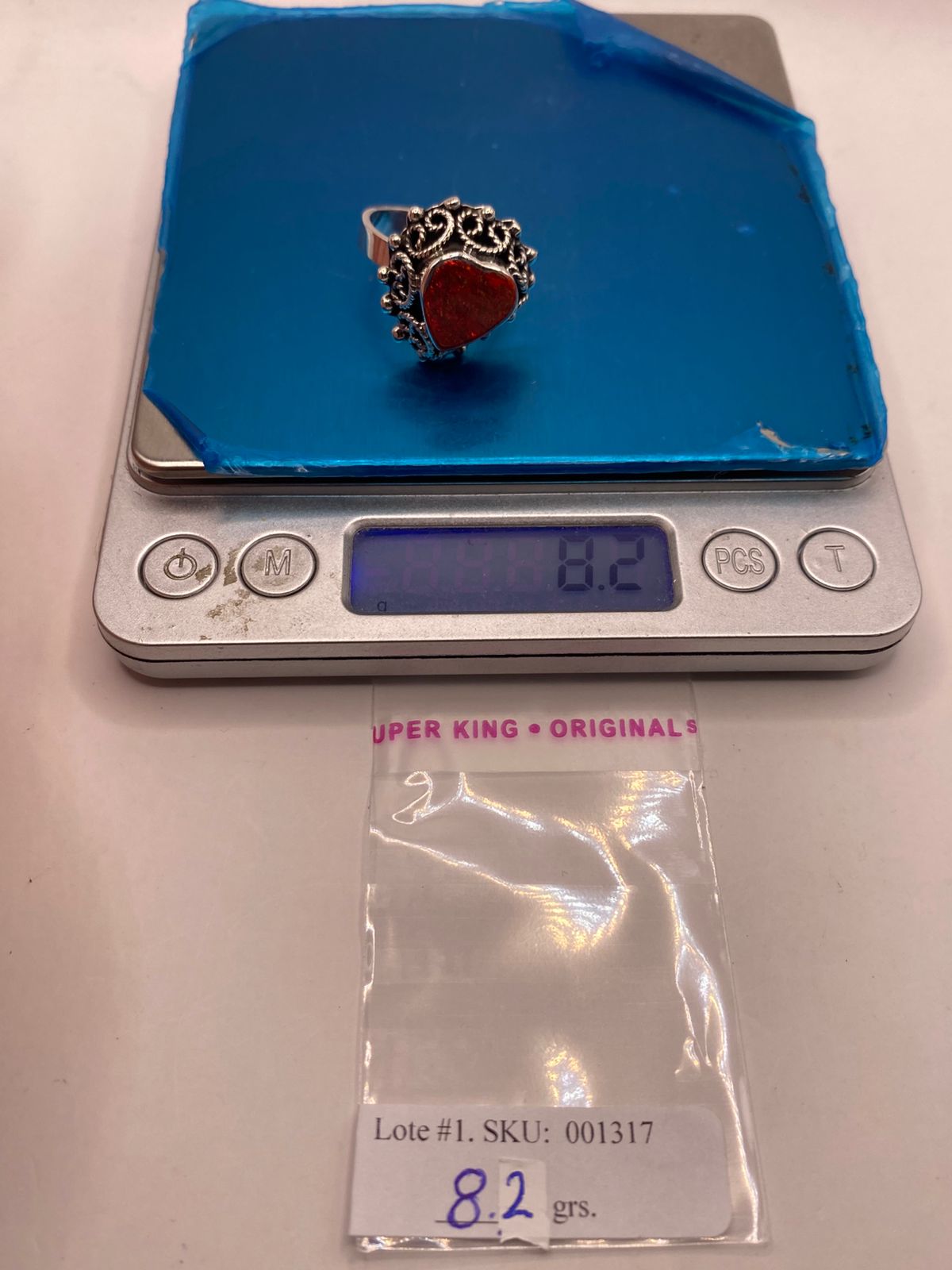 ANILLO AJUSTABLE DE PLATA LEY .925 CON ÓPALO DE FUEGO EN FORMA DE CORAZÓN