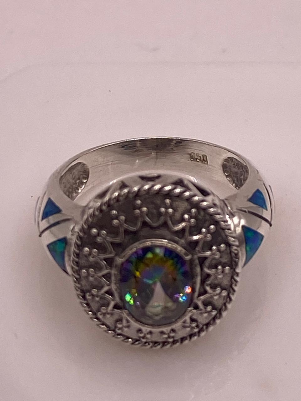 ANILLO ARTESANAL CON ÓPALO DE FUEGO, ZIRCONIA Y MARQUESITA EN PLATA LEY .950