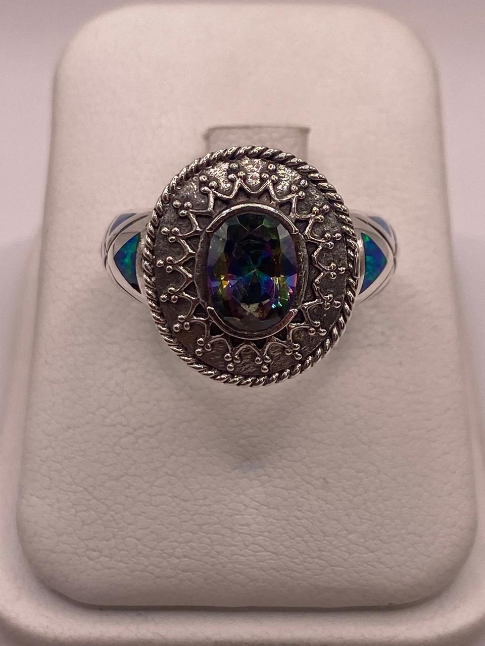ANILLO ARTESANAL CON ÓPALO DE FUEGO, ZIRCONIA Y MARQUESITA EN PLATA LEY .950