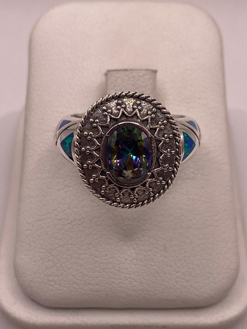 ANILLO ARTESANAL CON ÓPALO DE FUEGO, ZIRCONIA Y MARQUESITA EN PLATA LEY .950