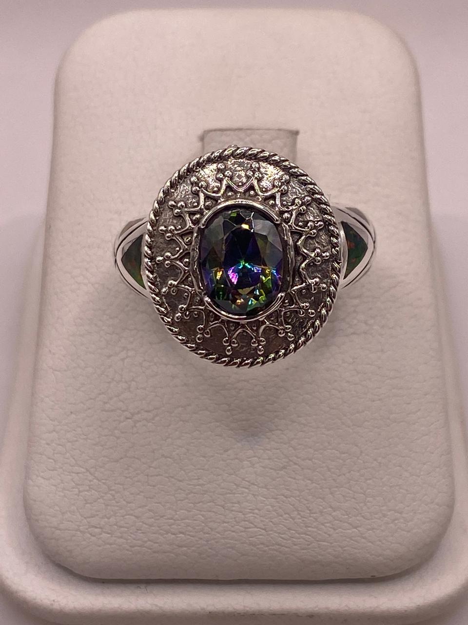 ANILLO ARTESANAL CON ÓPALO DE FUEGO Y ZIRCONIA  EN PLATA LEY .950