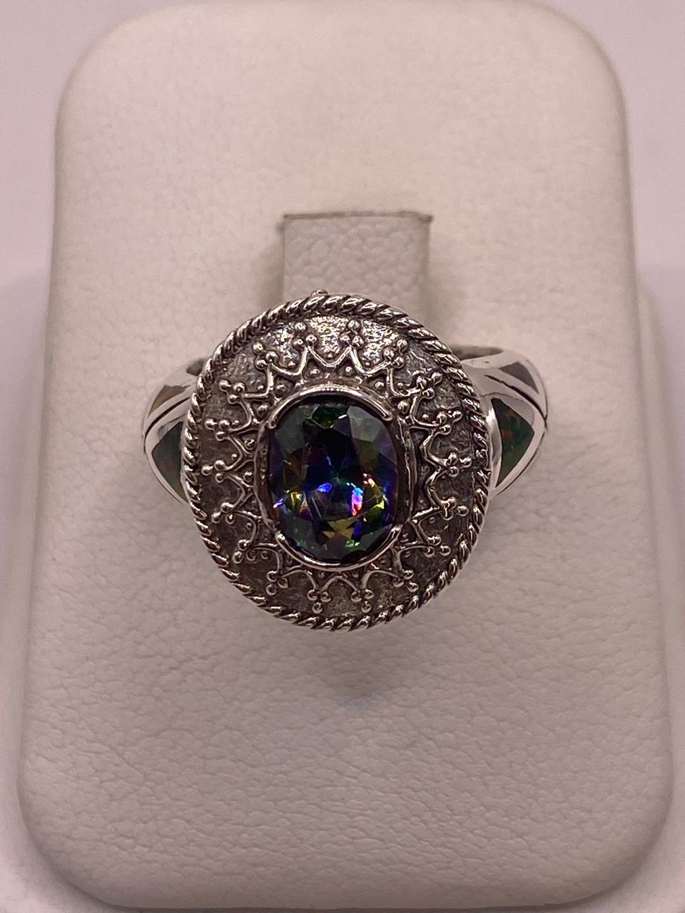 ANILLO ARTESANAL CON ÓPALO DE FUEGO Y ZIRCONIA  EN PLATA LEY .950