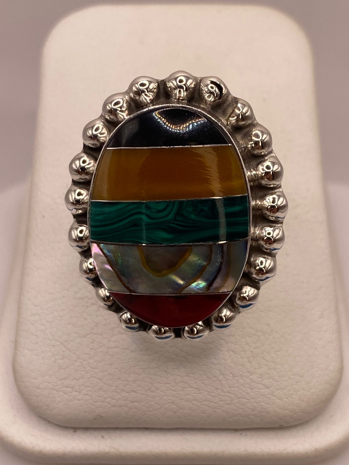ANILLO ARTÍSTICO DE PLATA LEY 925 CON MOSAICO DE PIEDRAS NATURALES