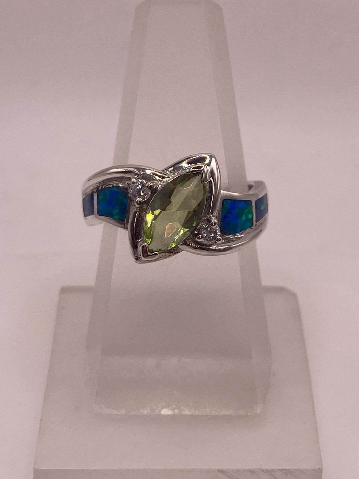 ANILLO BYPASS ÓPALO AZUL & ZIRCONIA  PERIDOTO  PLATA 925