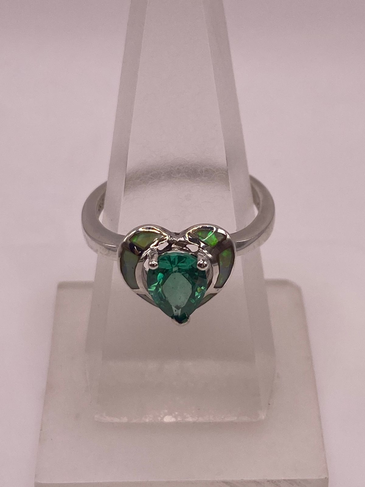 💍💚ANILLO CORAZÓN ÓPALO VERDE & ZIRCONIA ESMERALDA  PLATA 925
