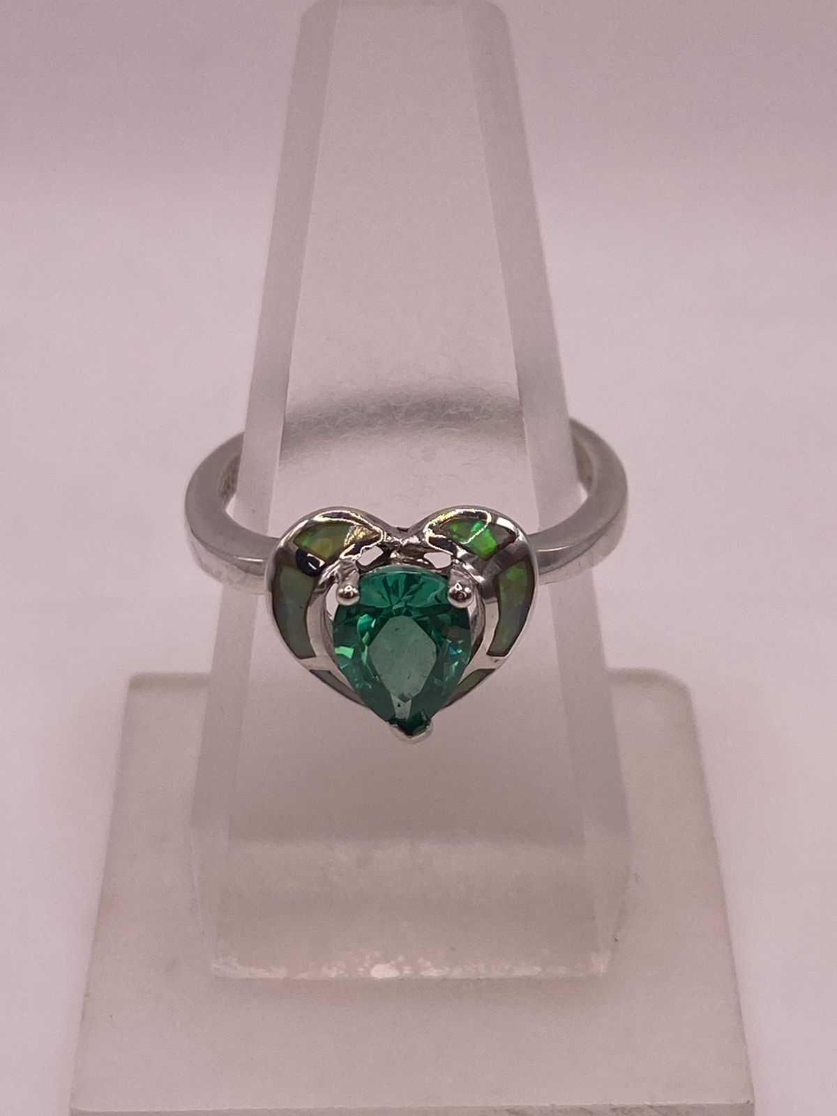 💍💚ANILLO CORAZÓN ÓPALO VERDE & ZIRCONIA ESMERALDA  PLATA 925