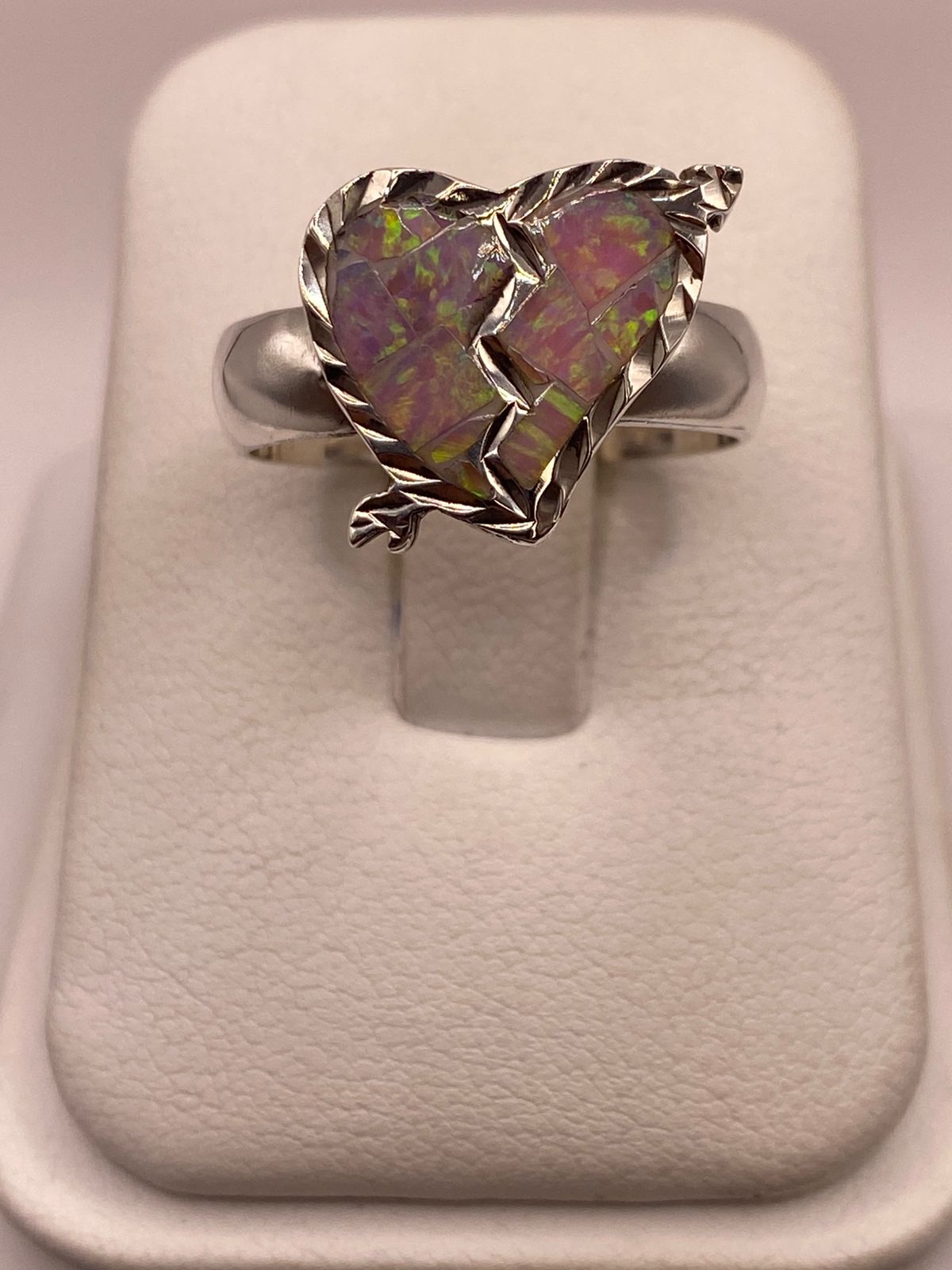 ANILLO CORAZÓN PARTIDO DE PLATA LEY 950 CON ÓPALO DE FUEGO
