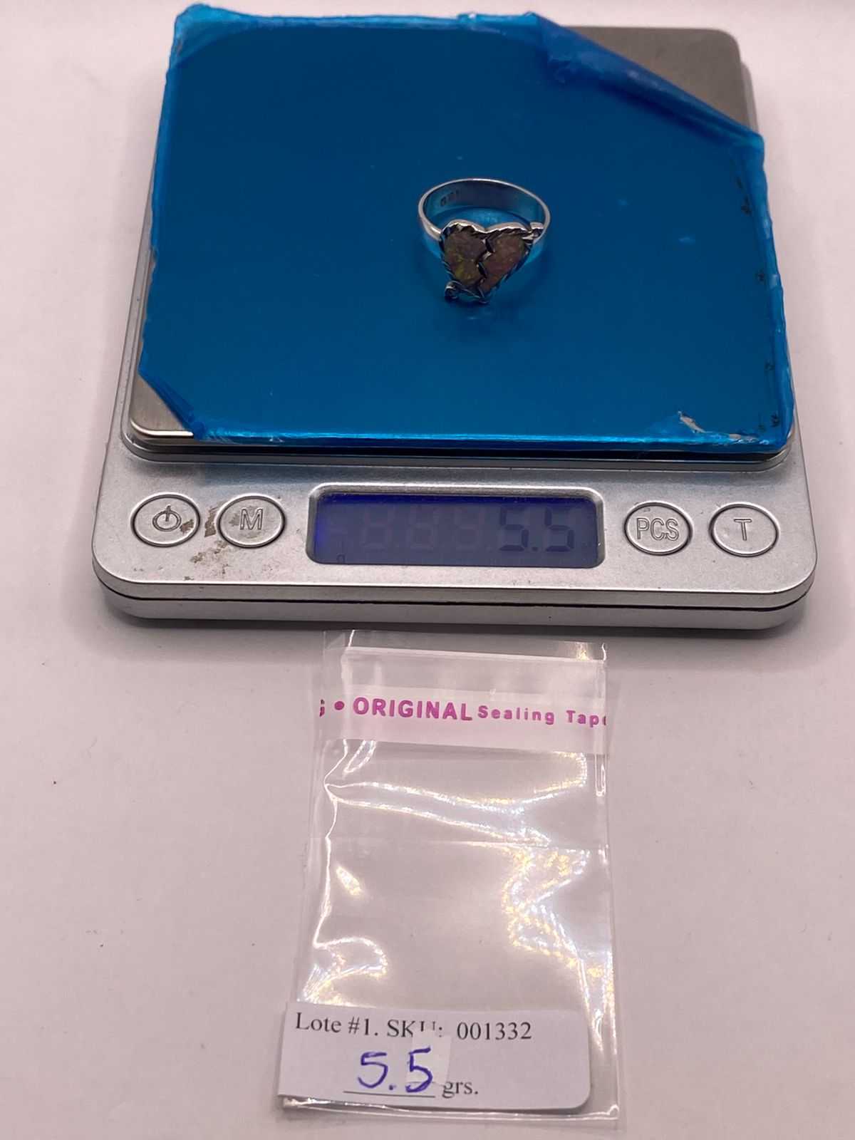 ANILLO CORAZÓN PARTIDO DE PLATA LEY 950 CON ÓPALO DE FUEGO