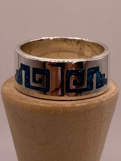 Anillo Greca Azteca de Plata .925 con Incrustación Azul