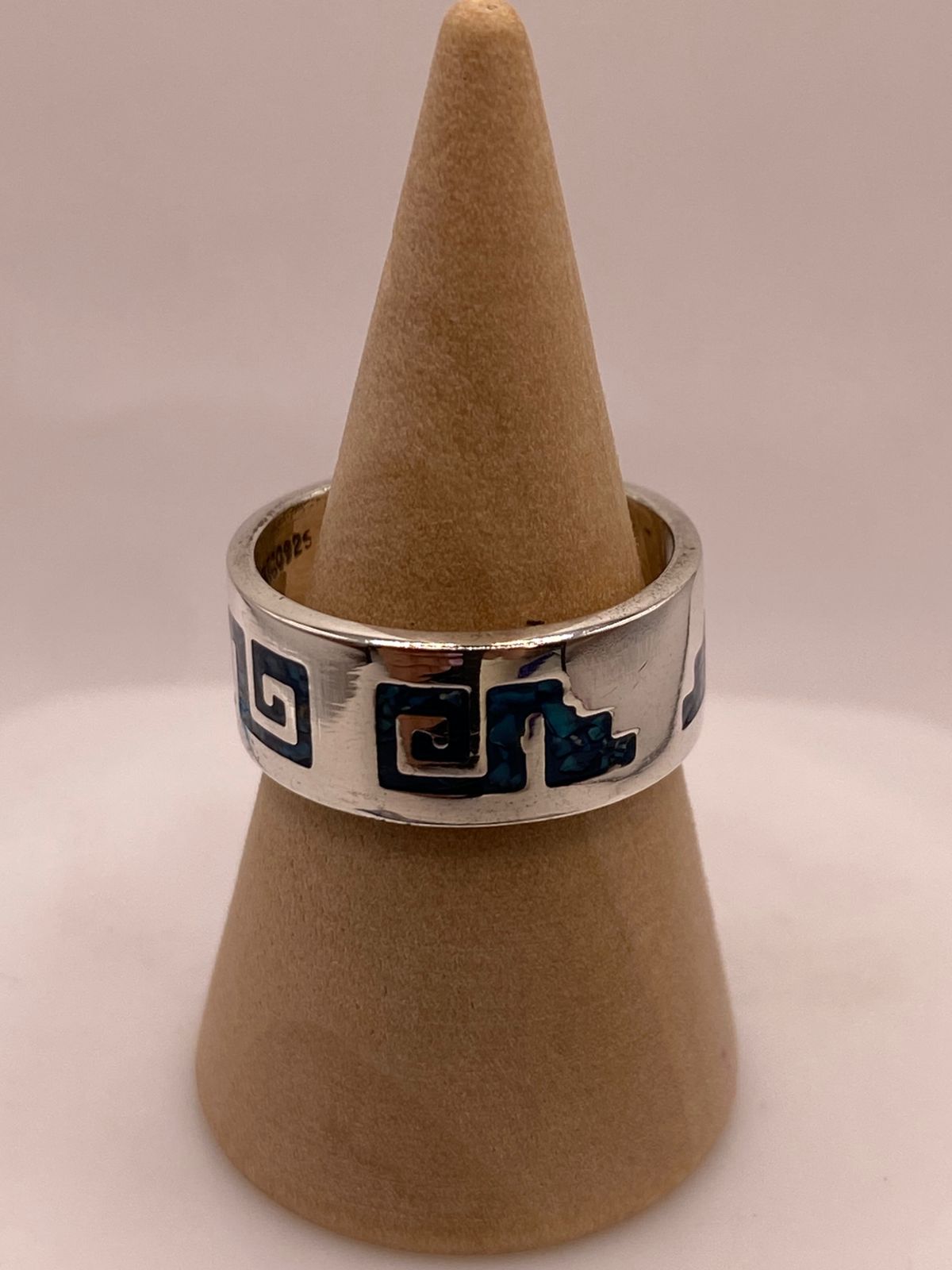 Anillo Greca Azteca de Plata .925 con Incrustación Azul