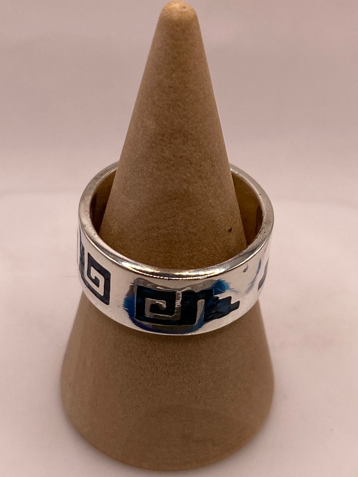 Anillo Greca Azteca de Plata .925 con Incrustación Azul