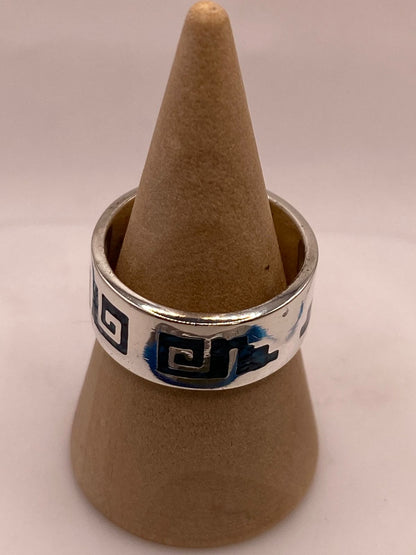 Anillo Greca Azteca de Plata .925 con Incrustación Azul