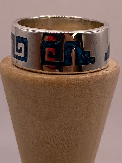 Anillo Greca Azteca de Plata .925 con Incrustación Azul
