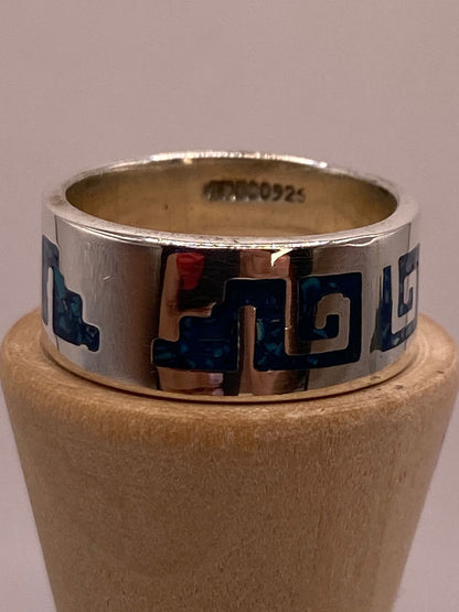 Anillo Greca Azteca de Plata .925 con Incrustación Azul