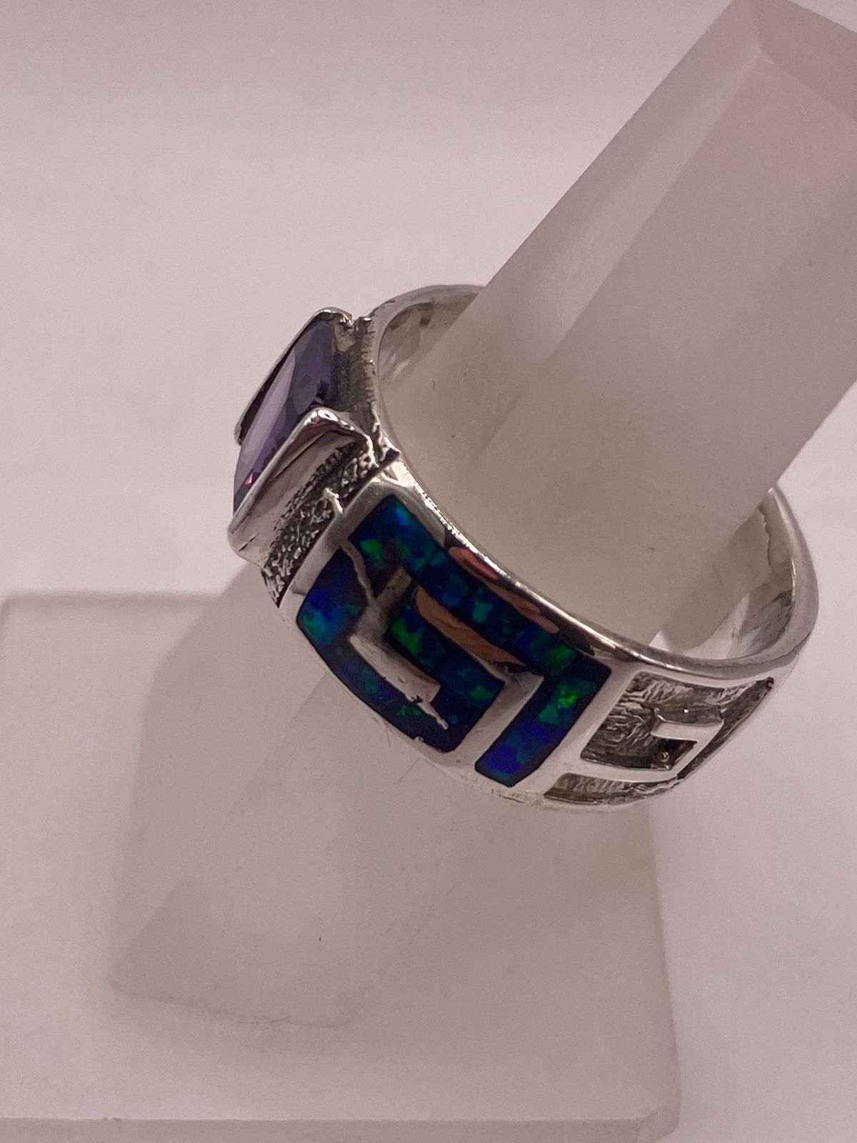 ANILLO GRECA ÓPALO AZUL NOCHE & ZIRCONIA AMATISTA PLATA 925