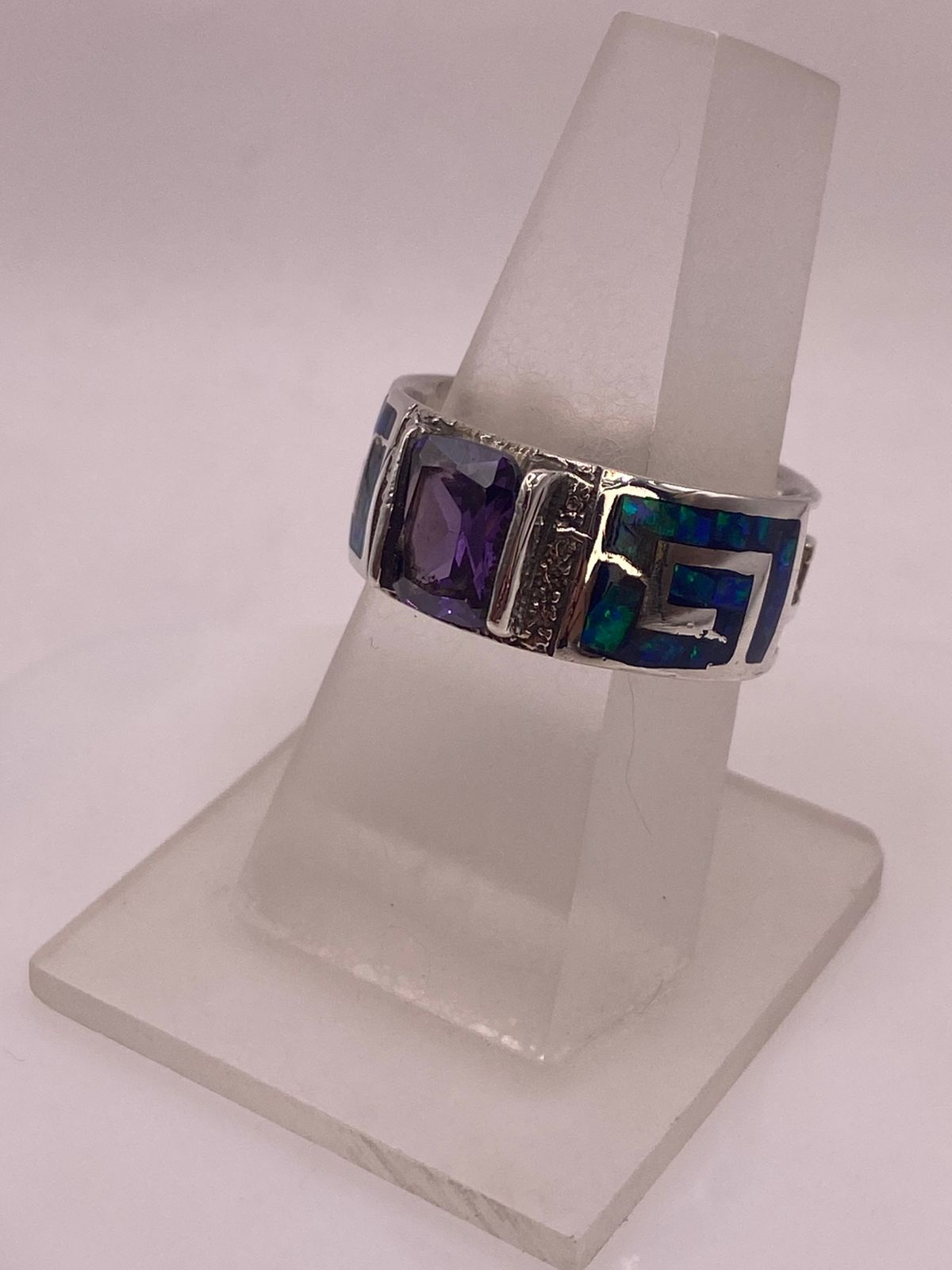ANILLO GRECA ÓPALO AZUL NOCHE & ZIRCONIA AMATISTA PLATA 925