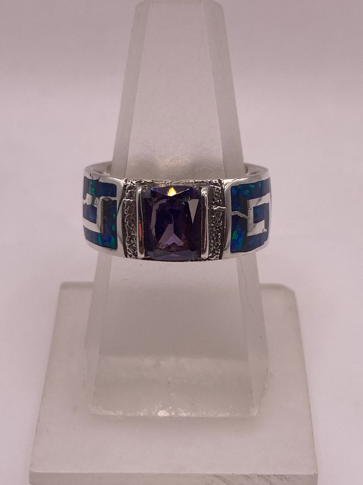 ANILLO GRECA ÓPALO AZUL NOCHE & ZIRCONIA AMATISTA PLATA 925