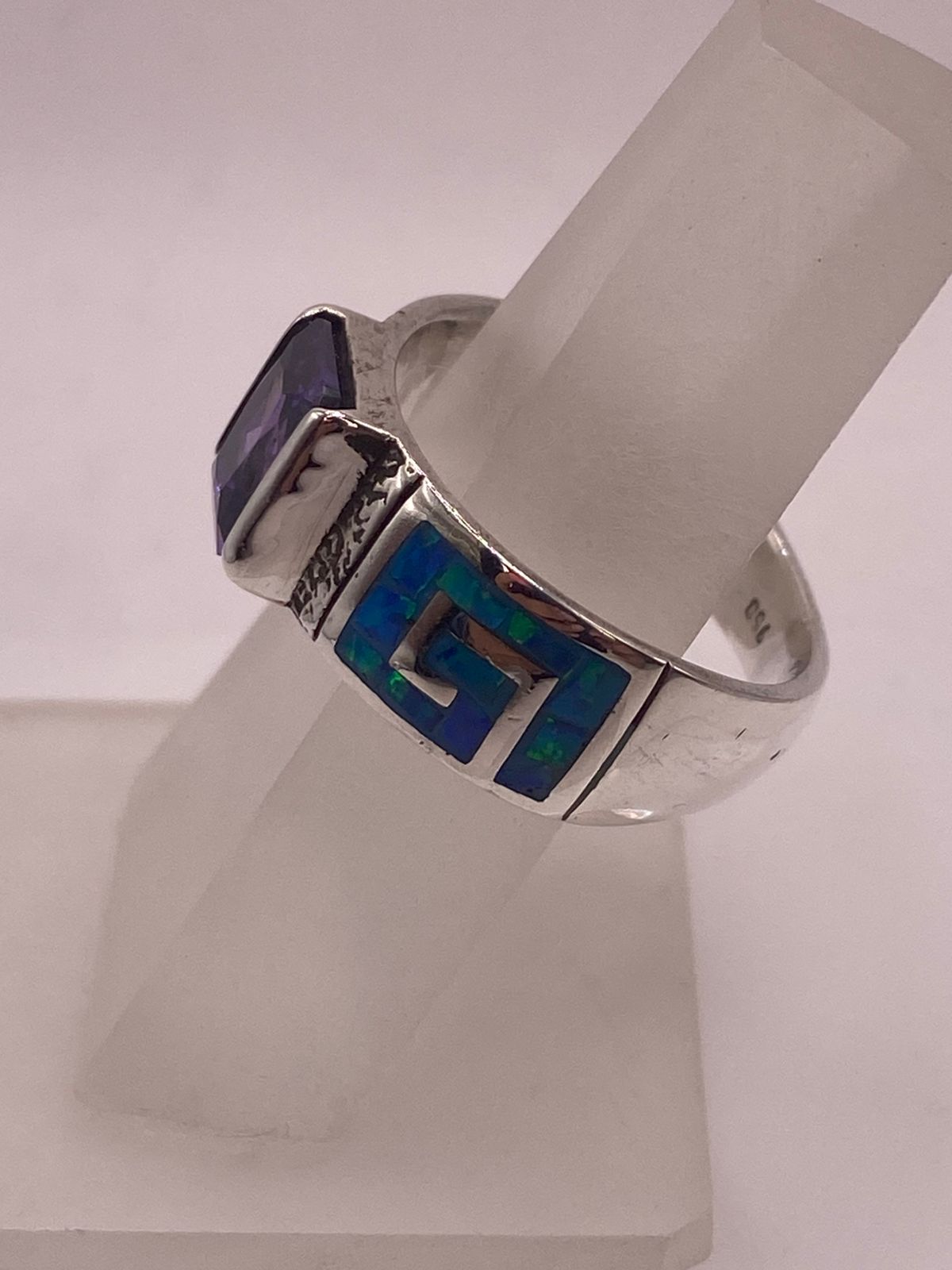 💍💜 ANILLO GRECA ÓPALO AZUL-VERDE & ZIRCONIA AMATISTA  PLATA 950