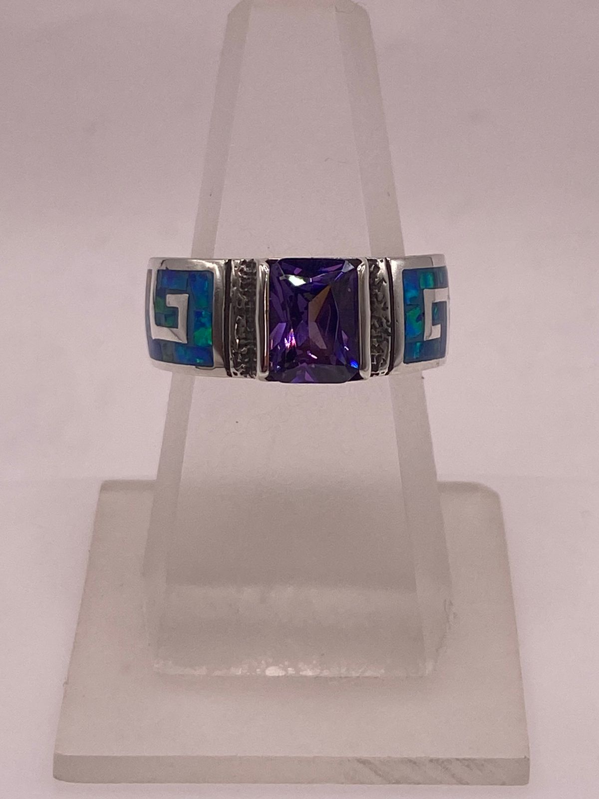💍💜 ANILLO GRECA ÓPALO AZUL-VERDE & ZIRCONIA AMATISTA  PLATA 950