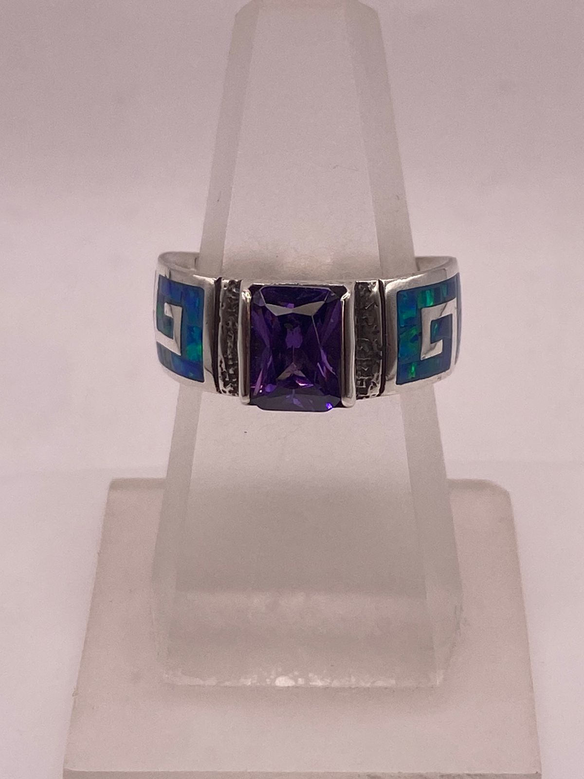 💍💜 ANILLO GRECA ÓPALO AZUL-VERDE & ZIRCONIA AMATISTA  PLATA 950