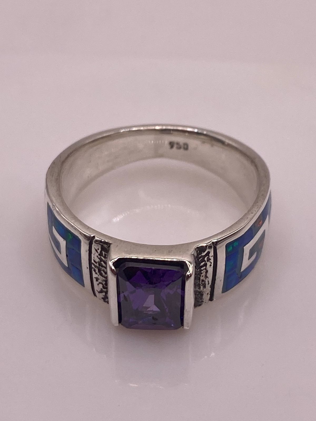💍💜 ANILLO GRECA ÓPALO AZUL-VERDE & ZIRCONIA AMATISTA  PLATA 950