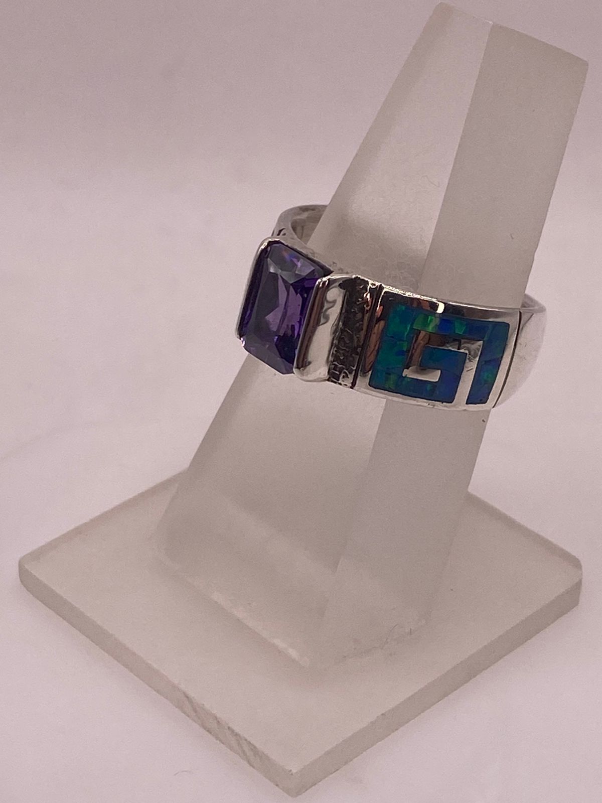 💍💜 ANILLO GRECA ÓPALO AZUL-VERDE & ZIRCONIA AMATISTA  PLATA 950