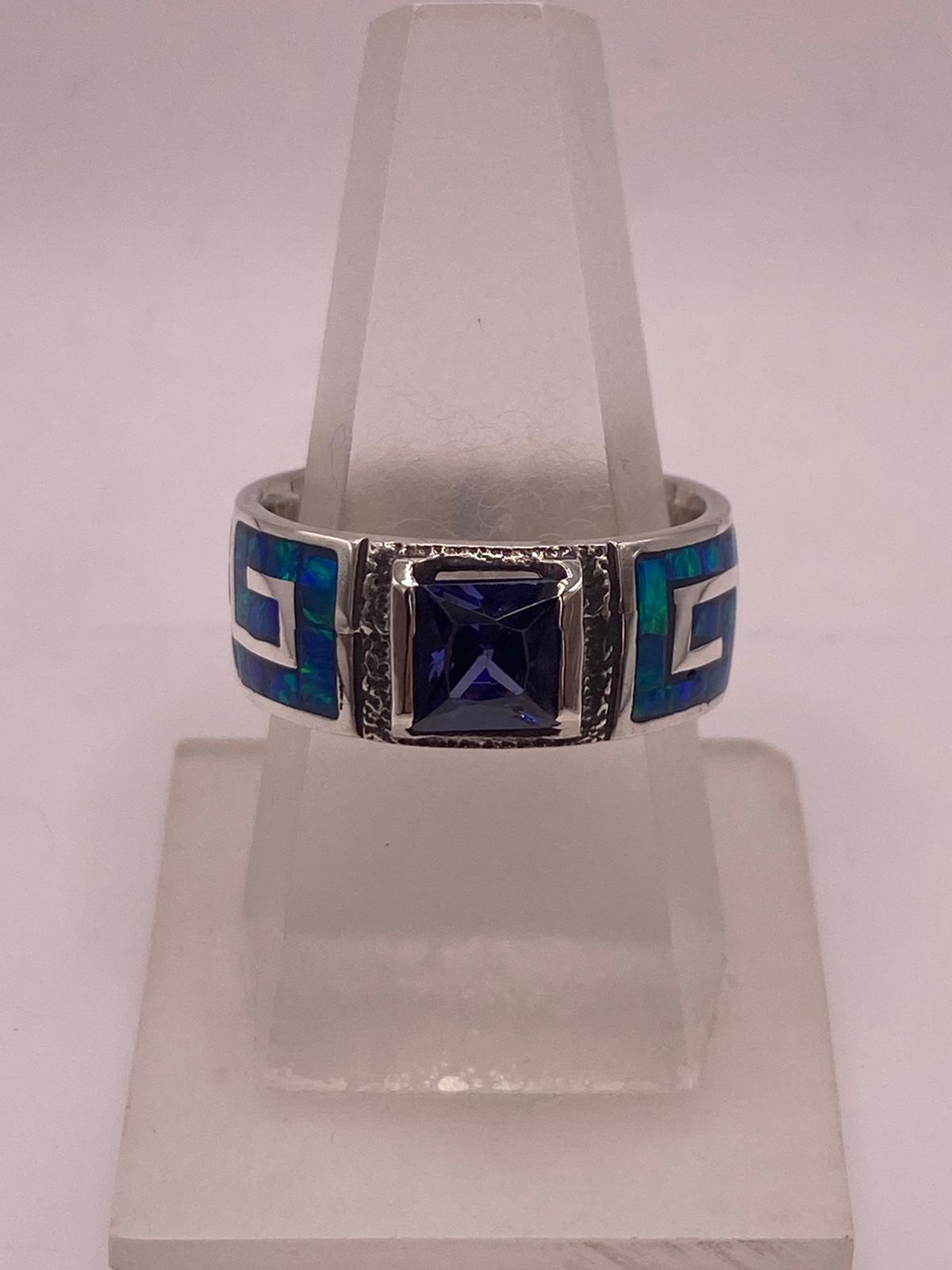 ANILLO GRECA ÓPALO DE FUEGO AZUL OCEÁNO & ZIRCONIA ZAFIRO PLATA 950