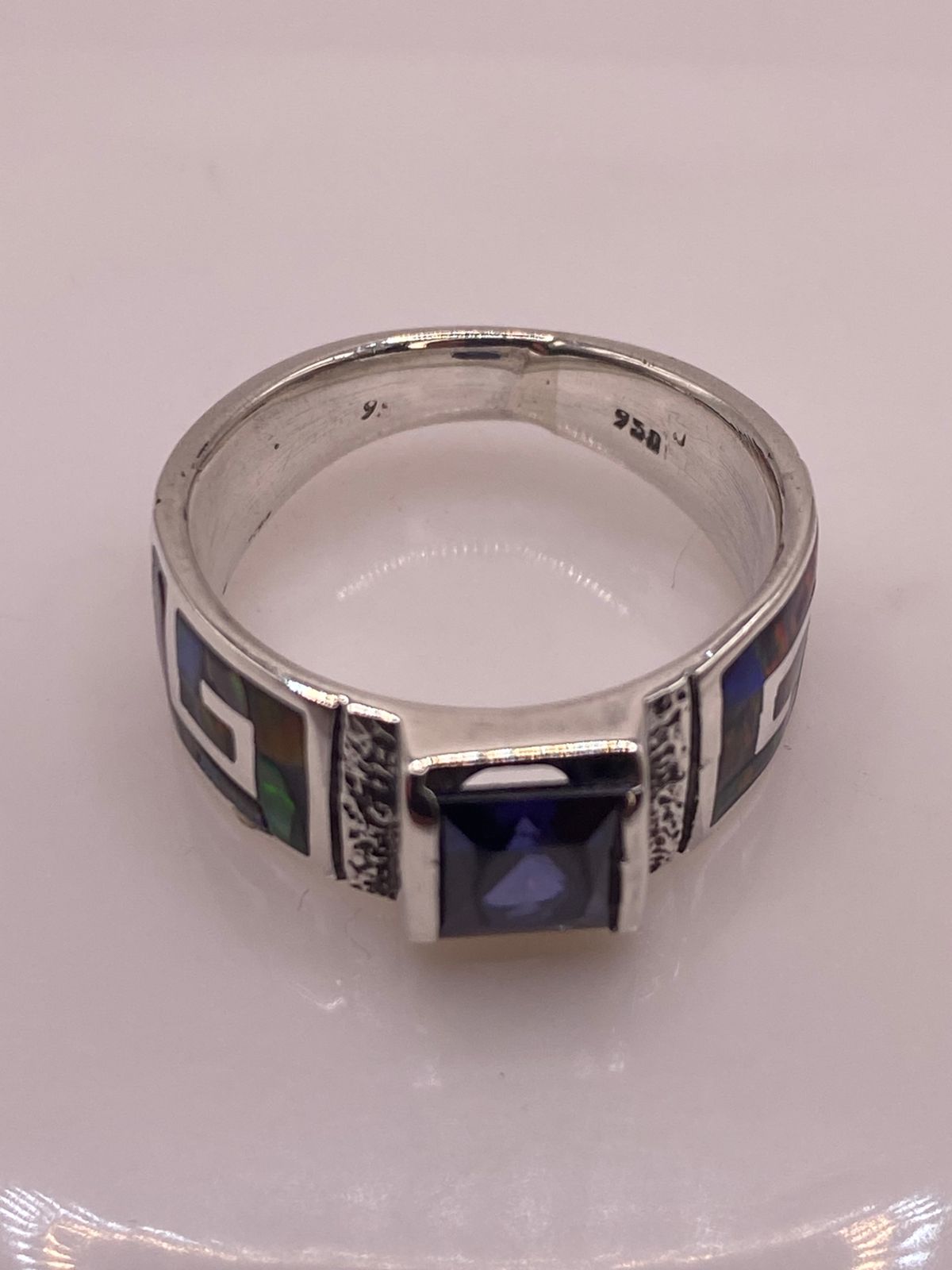 ANILLO GRECA ÓPALO DE FUEGO MULTICOLOR & ZIRCONIA AMATISTA PLATA 950