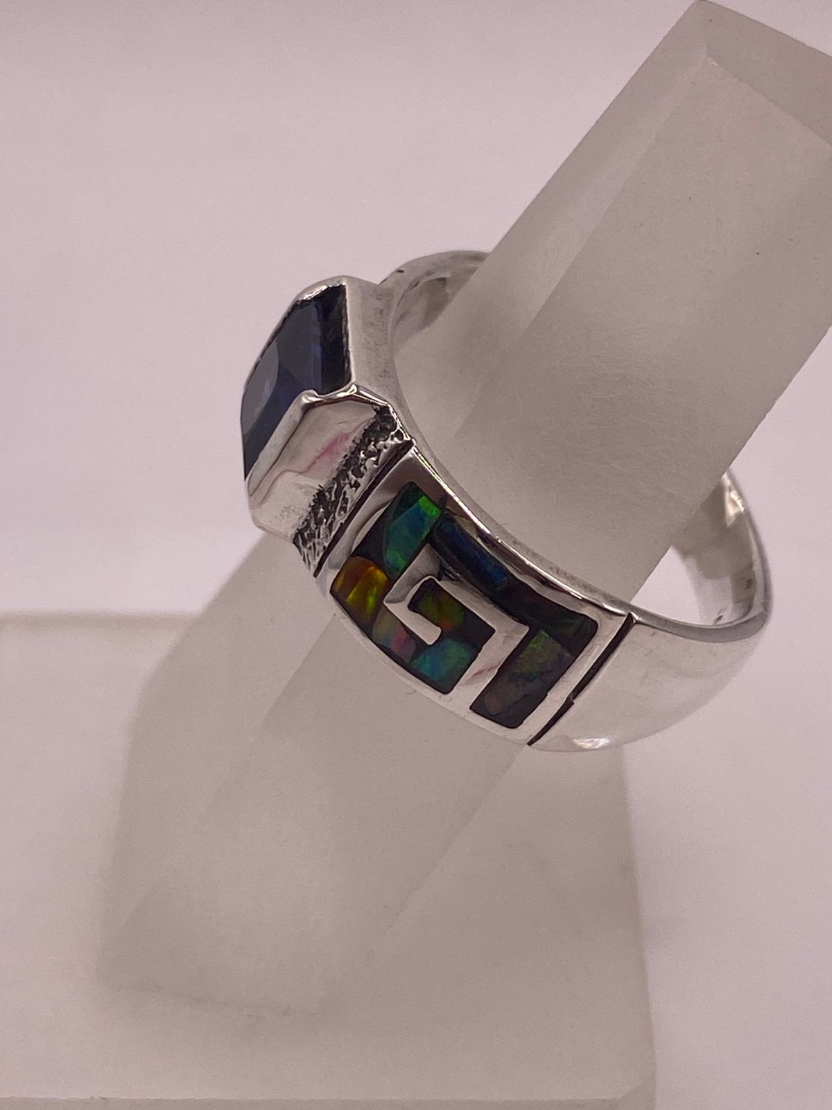 ANILLO GRECA ÓPALO DE FUEGO MULTICOLOR & ZIRCONIA AMATISTA PLATA 950