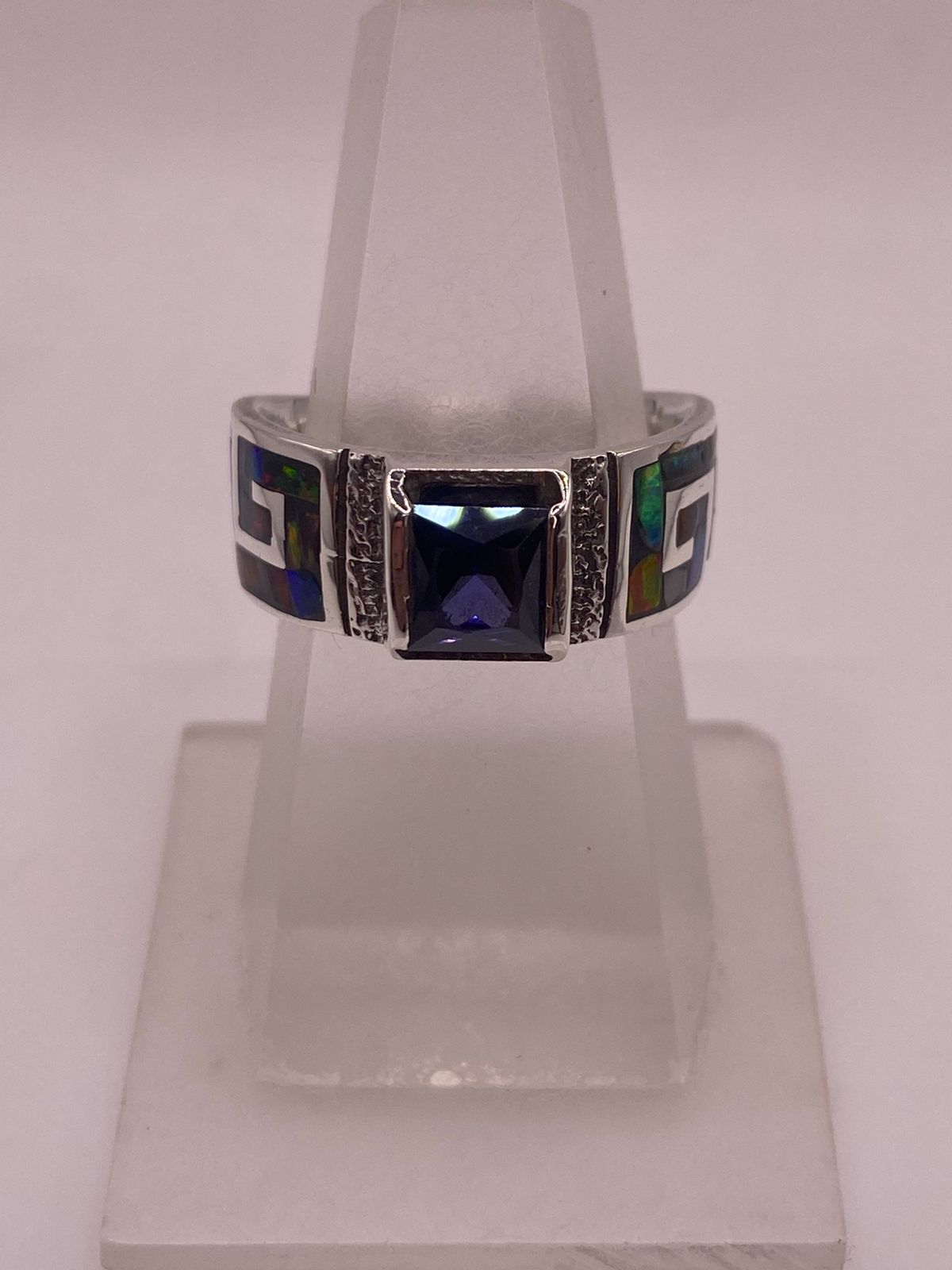 ANILLO GRECA ÓPALO DE FUEGO MULTICOLOR & ZIRCONIA AMATISTA PLATA 950