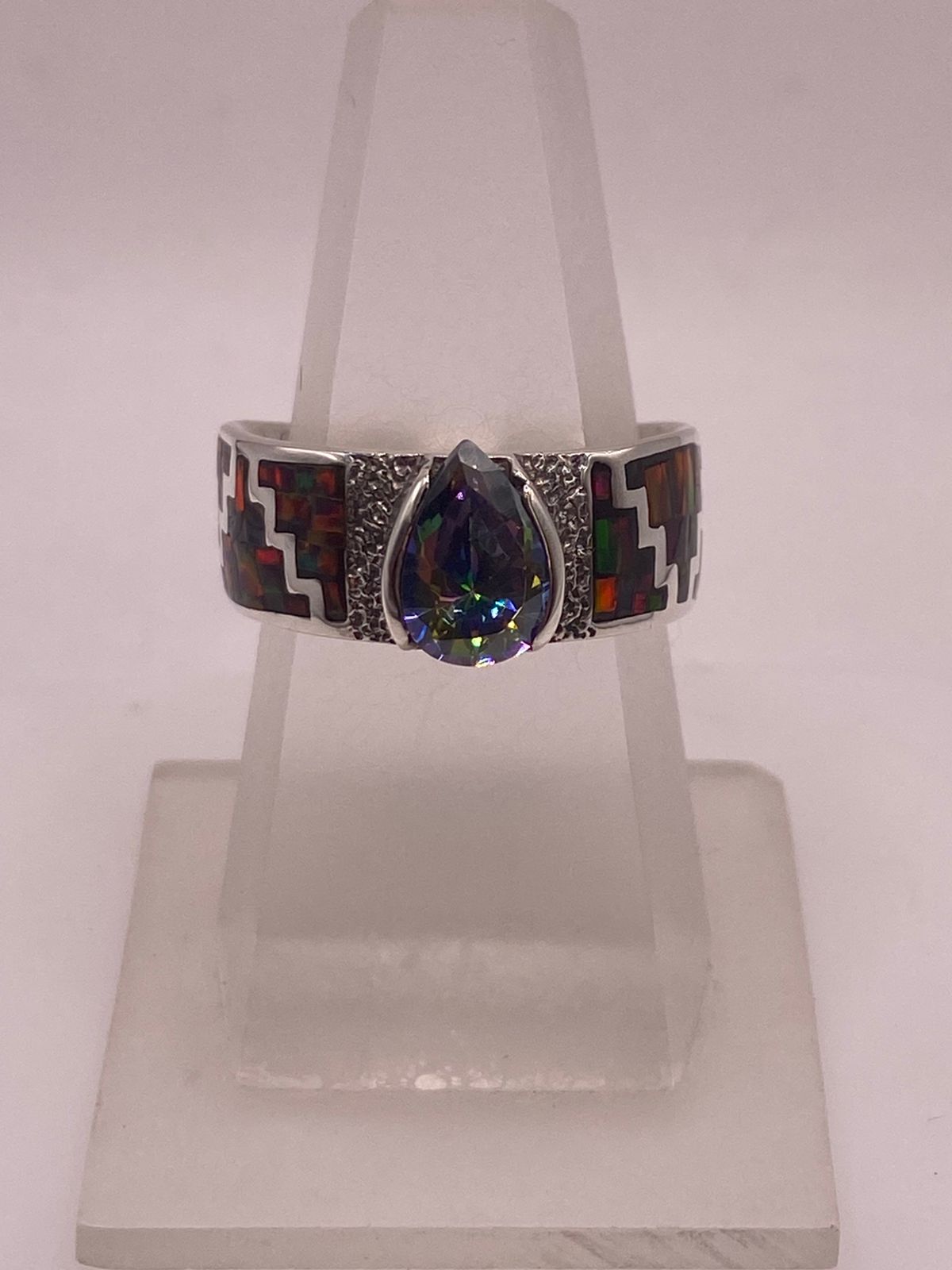 ANILLO GRECA ÓPALO DE FUEGO ROJO & ZIRCONIA MÍSTICA PLATA 950