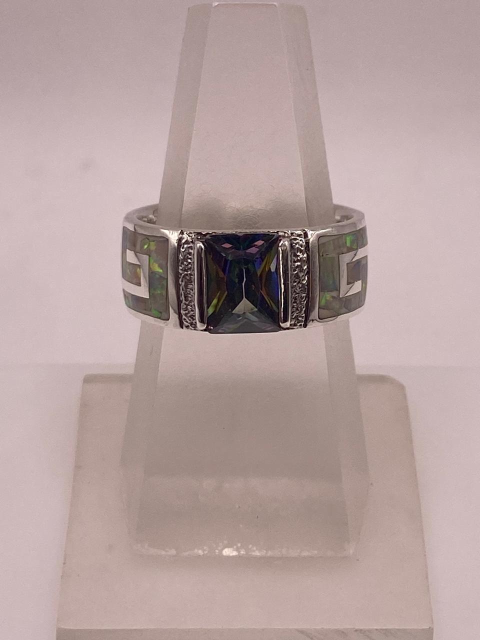 ANILLO GRECA CON ÓPALO DE FUEGO Y ZIRCONIA EN PLATA LEY .950