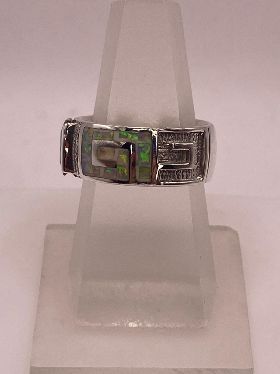 ANILLO GRECA CON ÓPALO DE FUEGO Y ZIRCONIA EN PLATA LEY .950