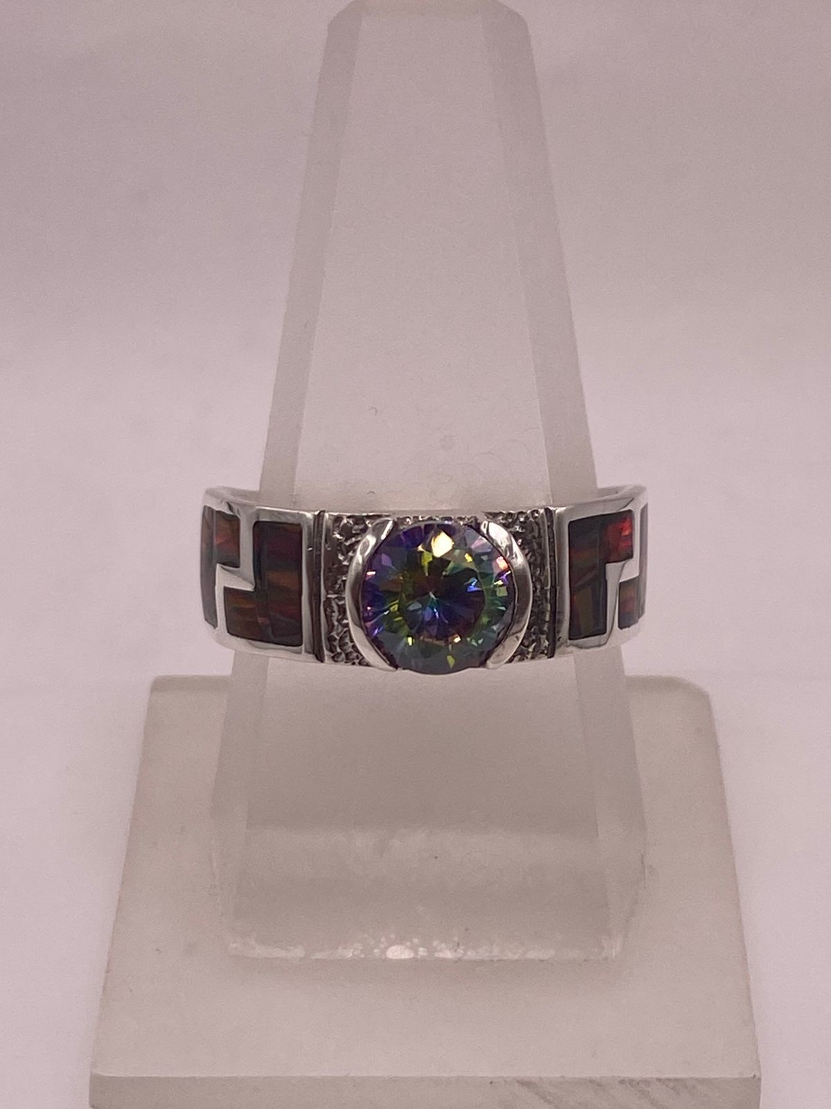 ANILLO GRECA ÓPALO ROJO-BORGOÑA & ZIRCONIA MÍSTICA ARCOÍRIS  PLATA 950