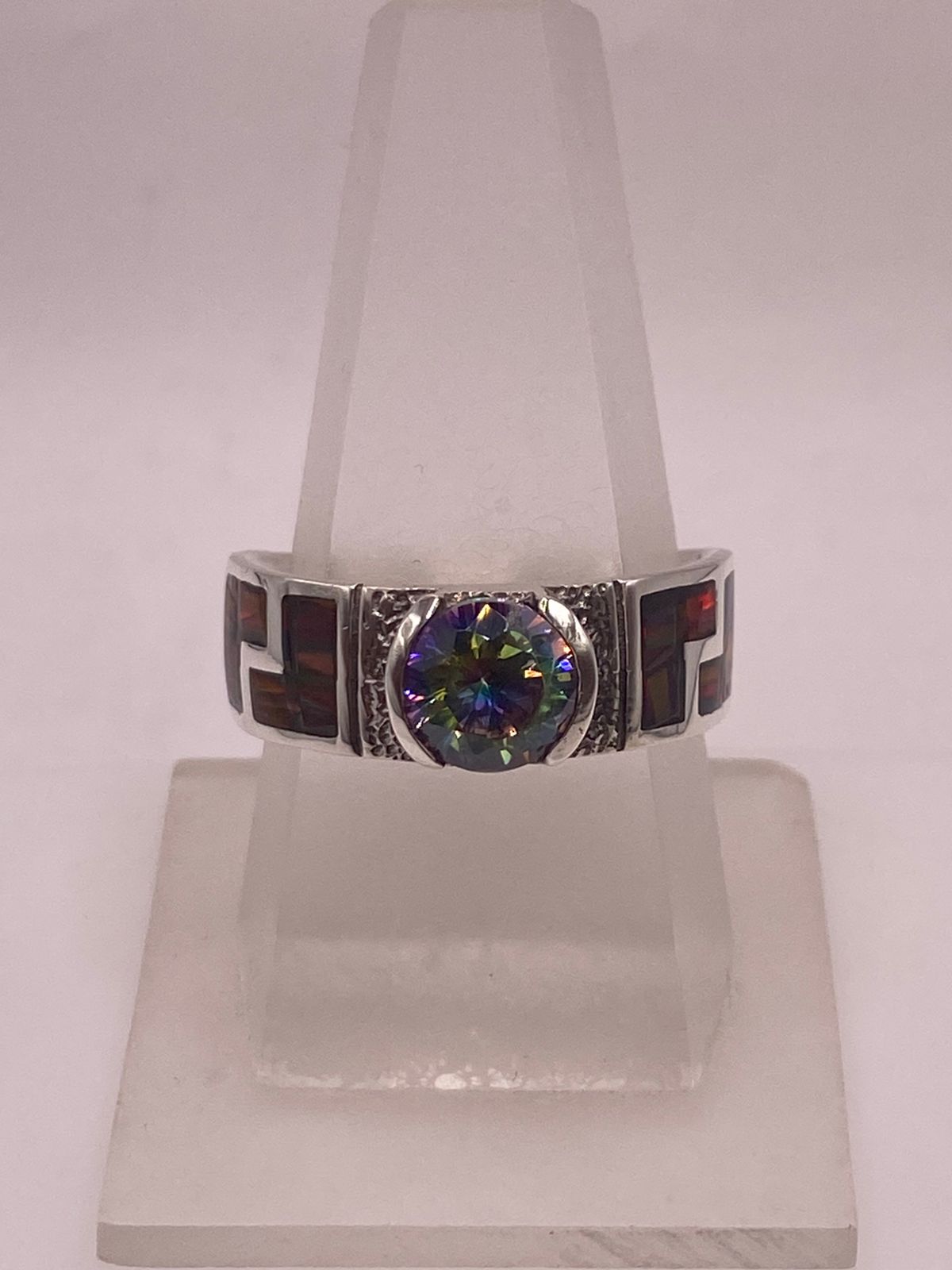 ANILLO GRECA ÓPALO ROJO-BORGOÑA & ZIRCONIA MÍSTICA ARCOÍRIS  PLATA 950