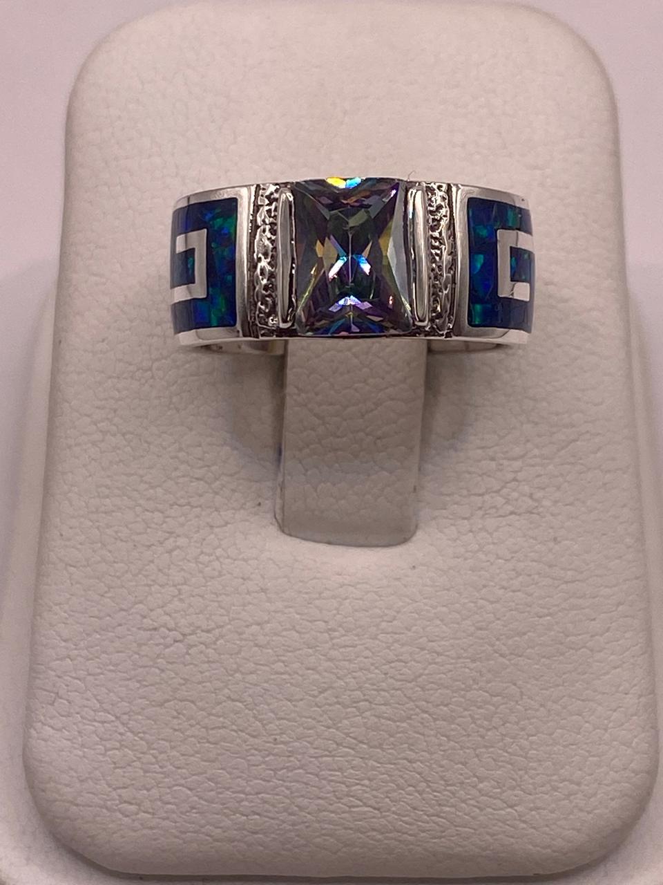 ANILLO GRECA EN PLATA LEY .950 CON ÓPALO DE FUEGO Y ZIRCONIA