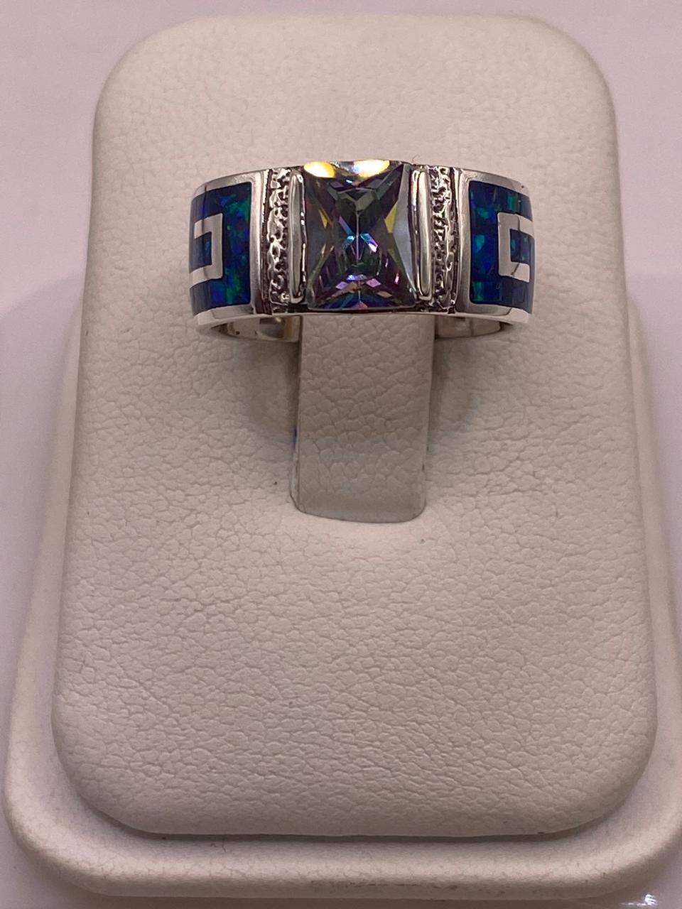 ANILLO GRECA EN PLATA LEY .950 CON ÓPALO DE FUEGO Y ZIRCONIA, vista lateral