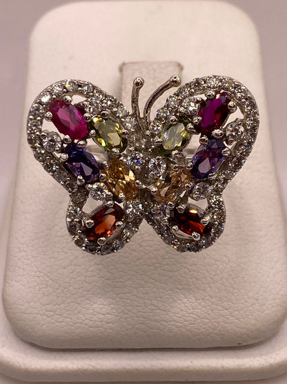 Anillo Mariposa Multicolor con Zirconias Brillantes en Plata Ley 925, vista frontal
