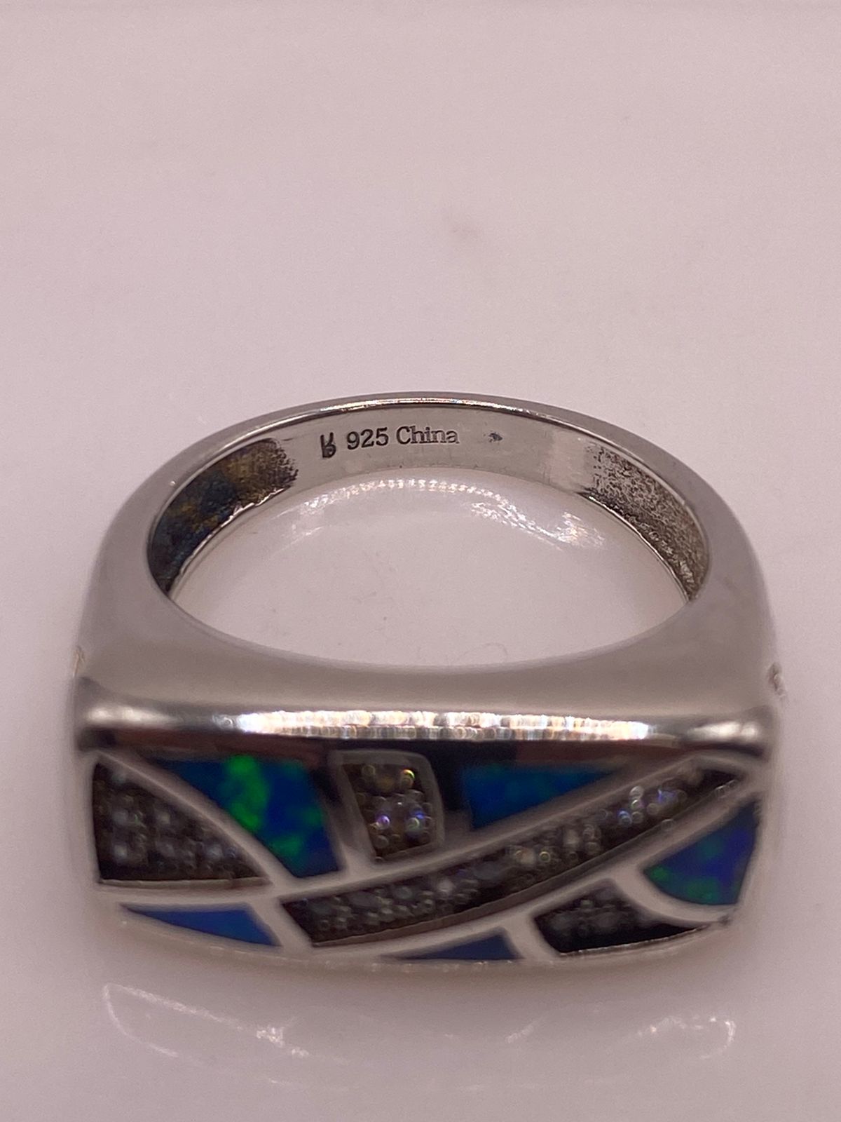 ANILLO MODERNO ÓPALO AZUL & ZIRCONIA DIAMANTE PLATA 925