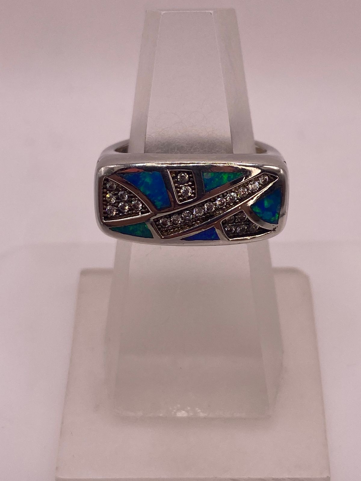 ANILLO MODERNO ÓPALO AZUL & ZIRCONIA DIAMANTE PLATA 925
