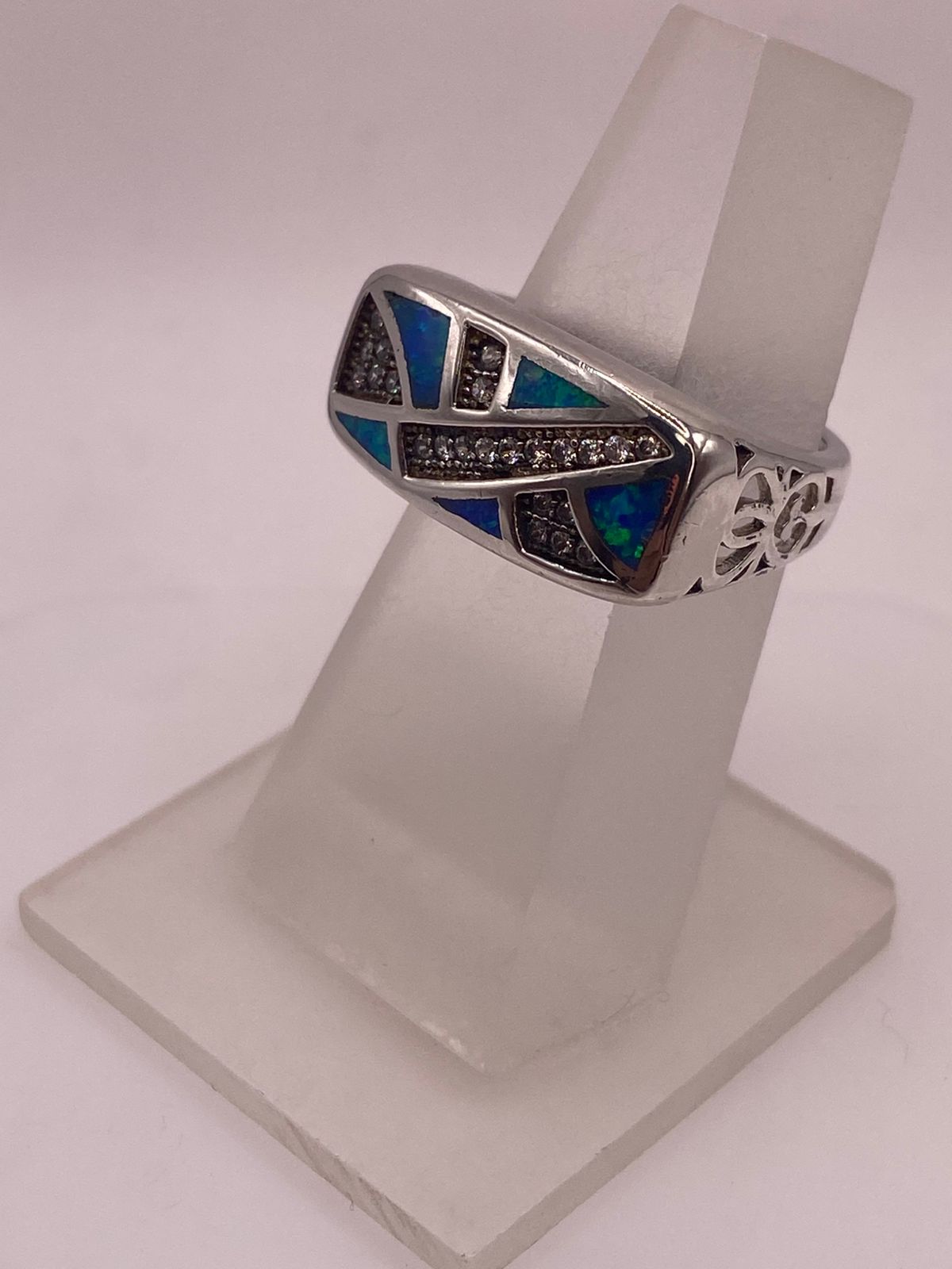 ANILLO MODERNO ÓPALO AZUL & ZIRCONIA DIAMANTE PLATA 925