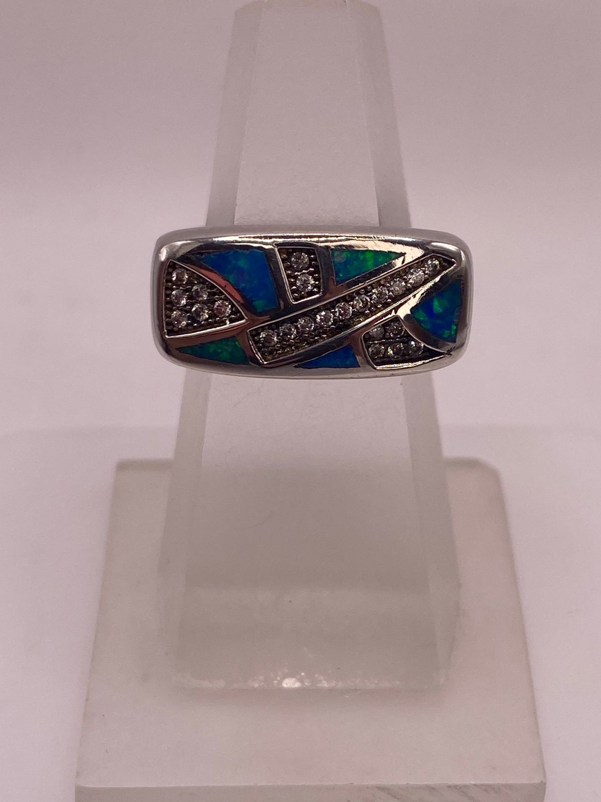 ANILLO MODERNO ÓPALO AZUL & ZIRCONIA DIAMANTE PLATA 925