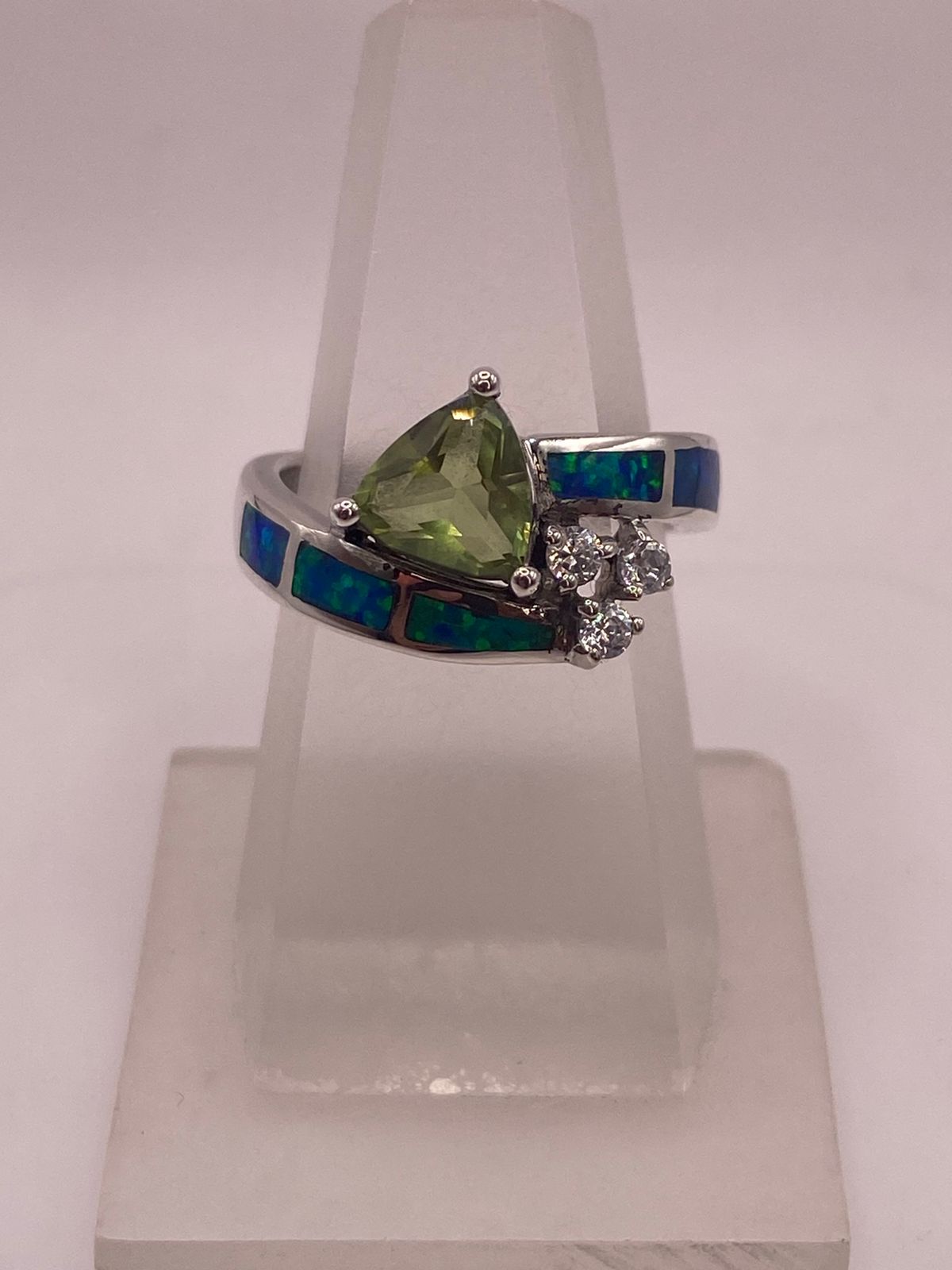 ANILLO ÓPALO AZUL & ZIRCONIA PERIDOTO, DIAMANTES PLATA 925