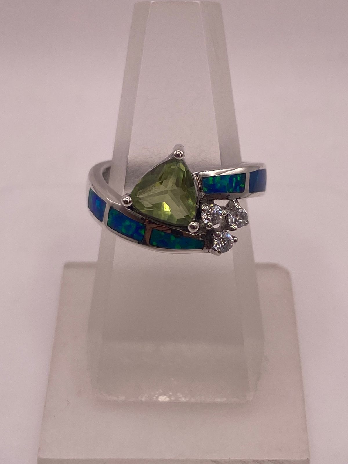 ANILLO ÓPALO AZUL & ZIRCONIA PERIDOTO, DIAMANTES PLATA 925, vista lateral