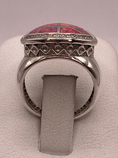 Anillo con Ópalo de Fuego Rosa Iridiscente en Plata Ley .950, vista superior