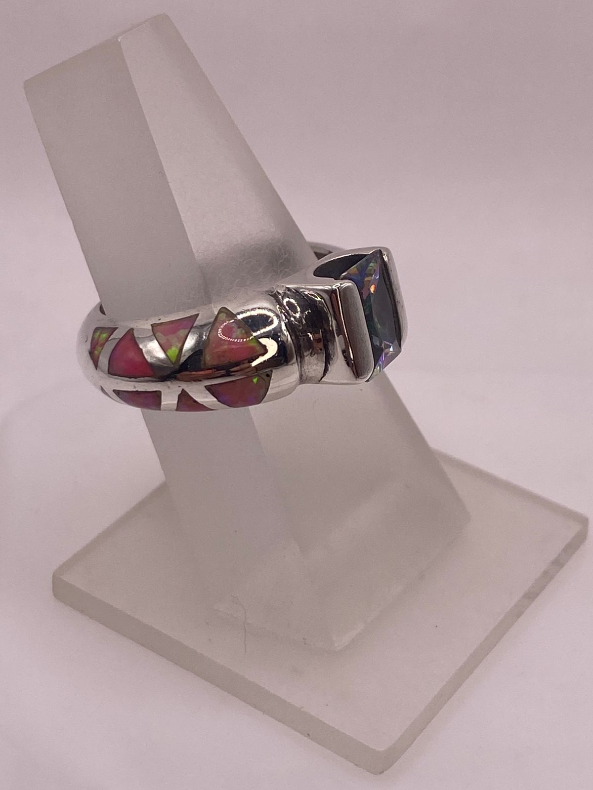 💍🌸 ANILLO ÓPALO ROSA TRIANGULAR & ZIRCONIA MÍSTICA PLATA 950